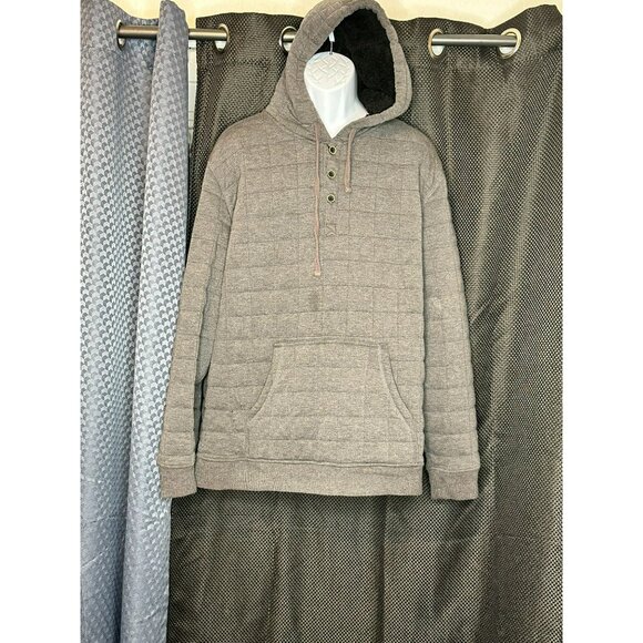 Quilted Gray Hooded Pullover Sweatshirt‎ With Kangaroo Pocket & Button Closure